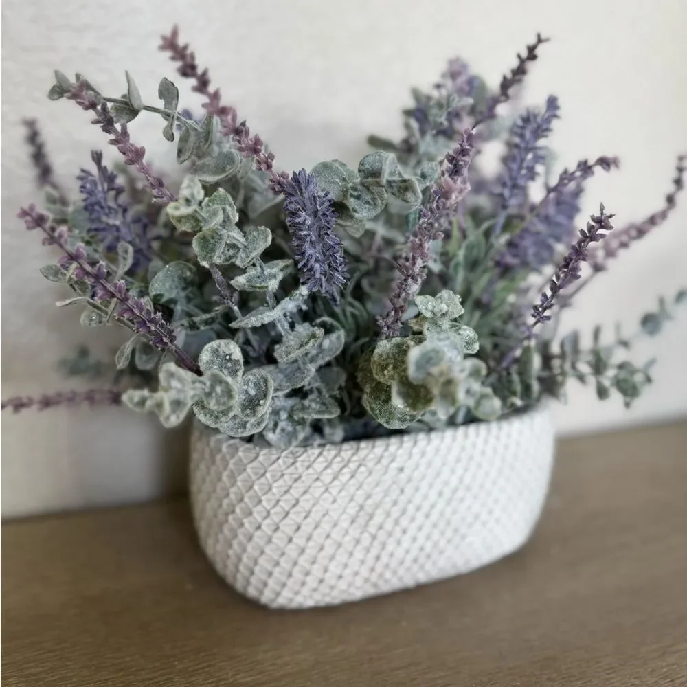 Lavender Eucalyptus Faux Floral Ceramic Oval Planter Pot Decor Arrangement